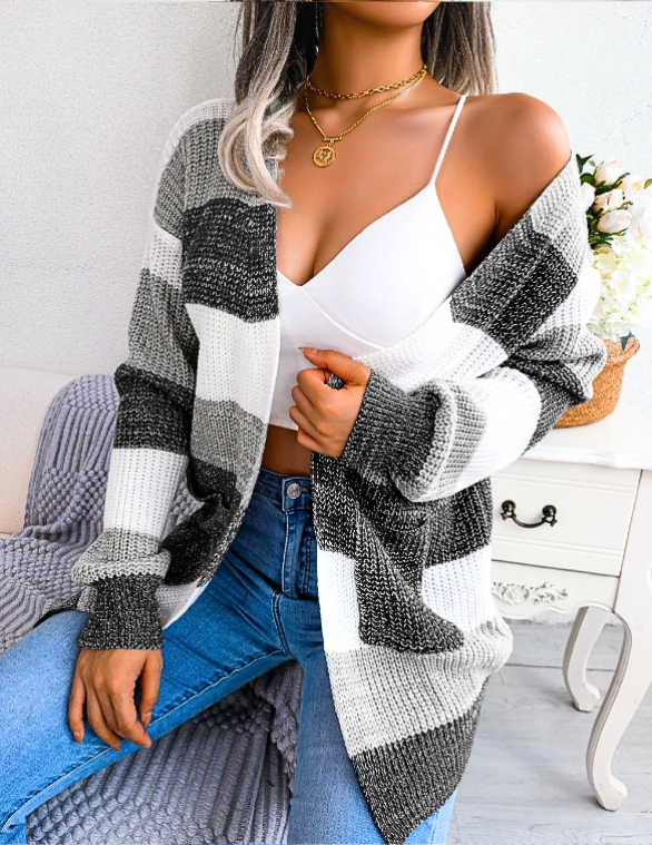 Women's Knit Cardigan with Colour Block Stripes | Open Front