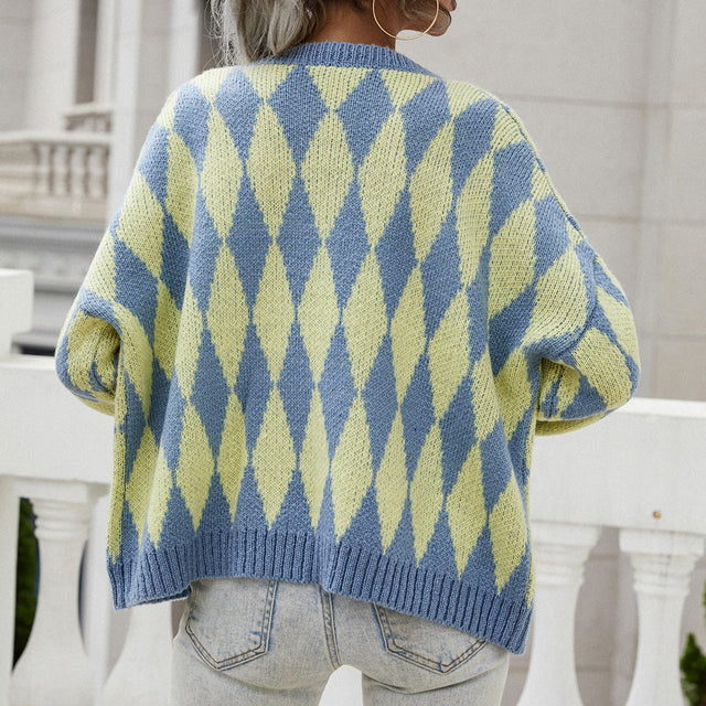 Women's Knit Cardigan with Diamond Pattern | Button Up