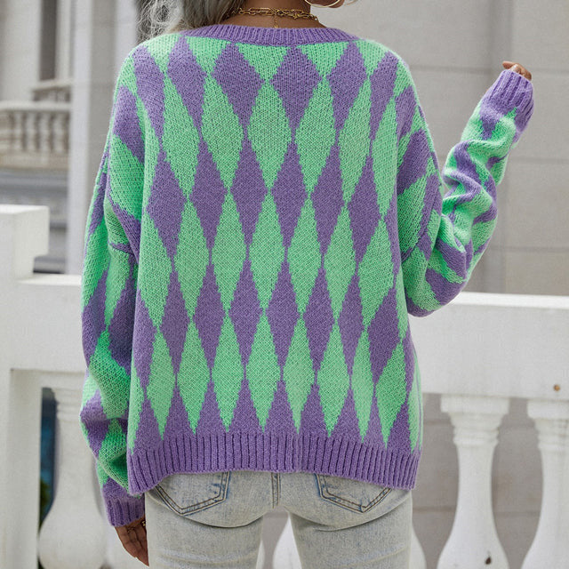 Women's Knit Cardigan with Diamond Pattern | Button Up