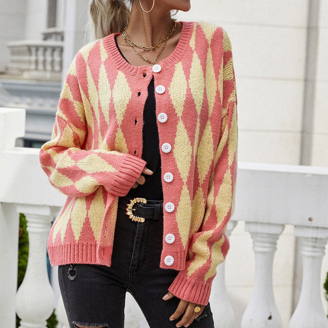 Women's Knit Cardigan with Diamond Pattern | Button Up