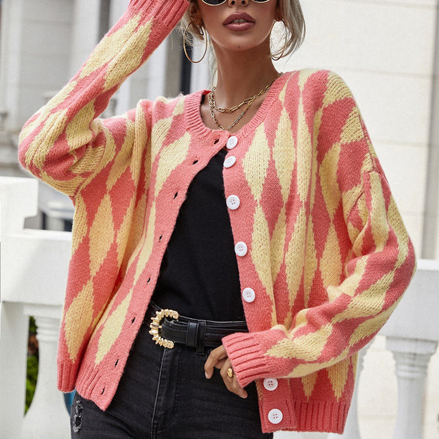 Women's Knit Cardigan with Diamond Pattern | Button Up