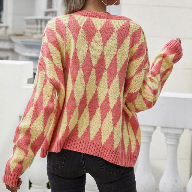 Women's Knit Cardigan with Diamond Pattern | Button Up