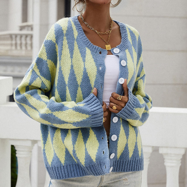 Women's Knit Cardigan with Diamond Pattern | Button Up