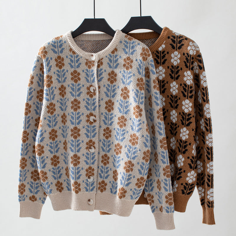 Women's Knit Cardigan with Floral Pattern | Button Up