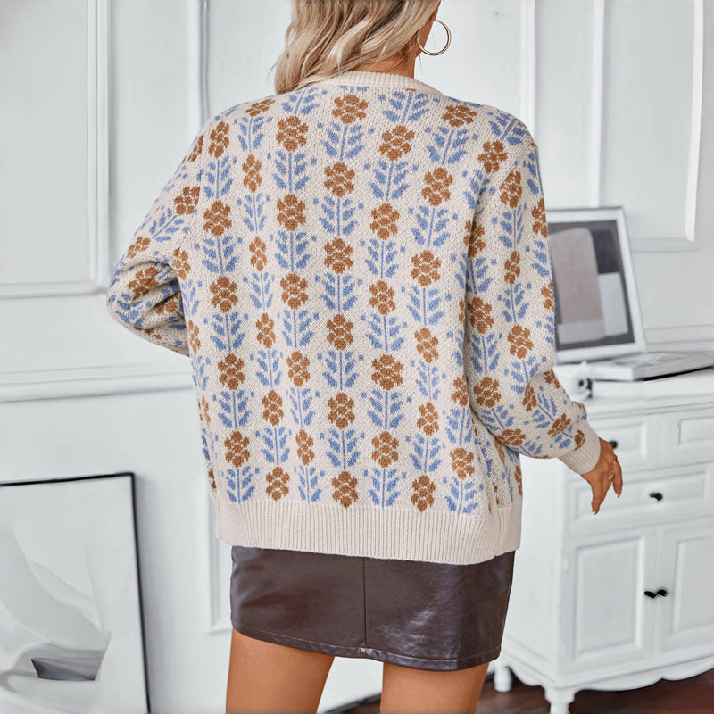 Women's Knit Cardigan with Floral Pattern | Button Up