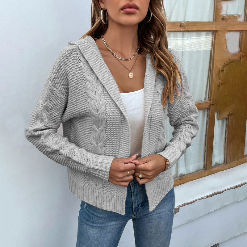 Women's Knit Cardigan with Hood & Cable Detail | Open Front