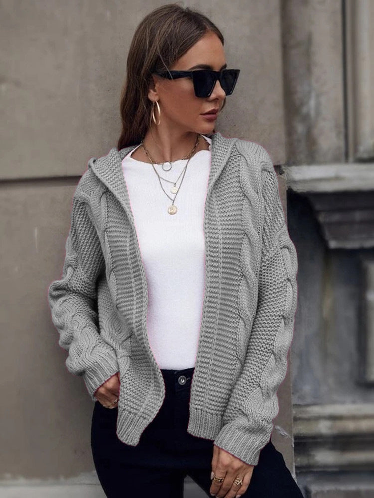 Women's Knit Cardigan with Hood & Cable Detail | Open Front