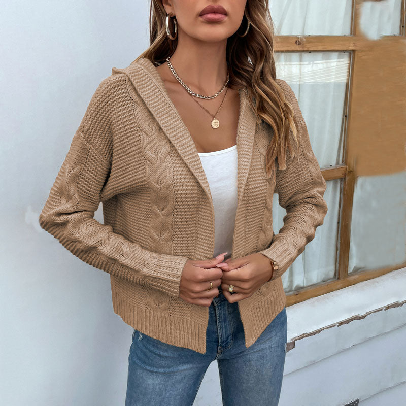 Women's Knit Cardigan with Hood & Cable Detail | Open Front