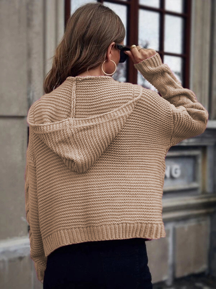 Women's Knit Cardigan with Hood & Cable Detail | Open Front