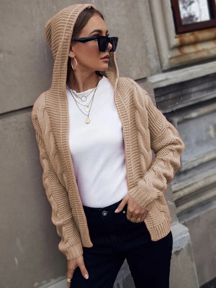 Women's Knit Cardigan with Hood & Cable Detail | Open Front