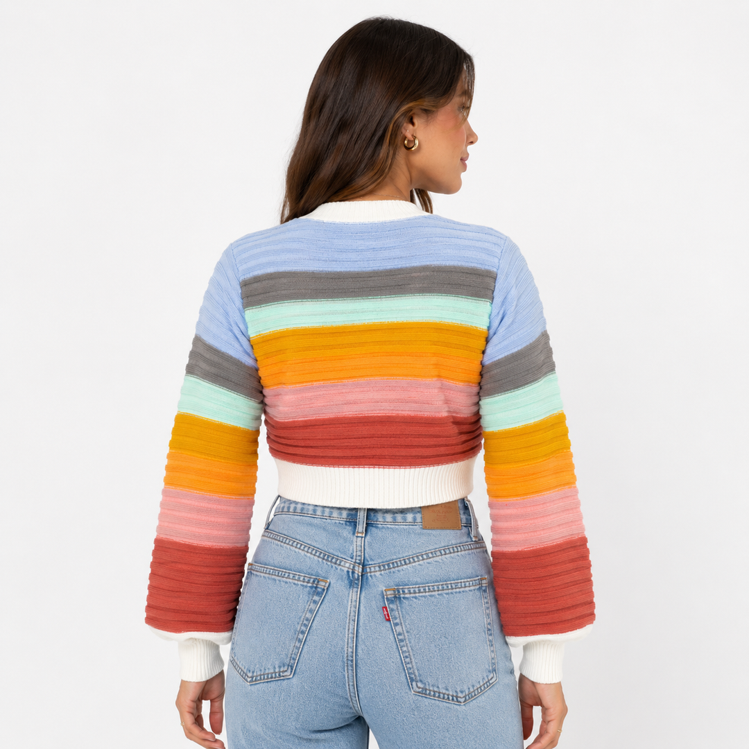 Women's Knit Cardigan with Rainbow Stripes & V-Neck | Button Up