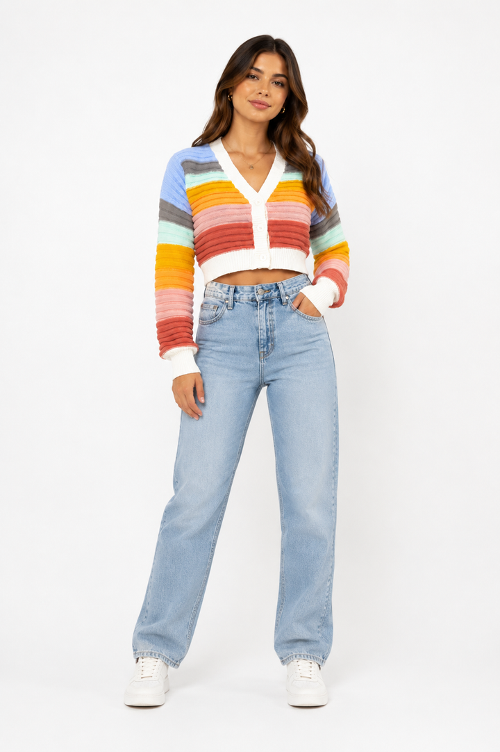 Women's Knit Cardigan with Rainbow Stripes & V-Neck | Button Up