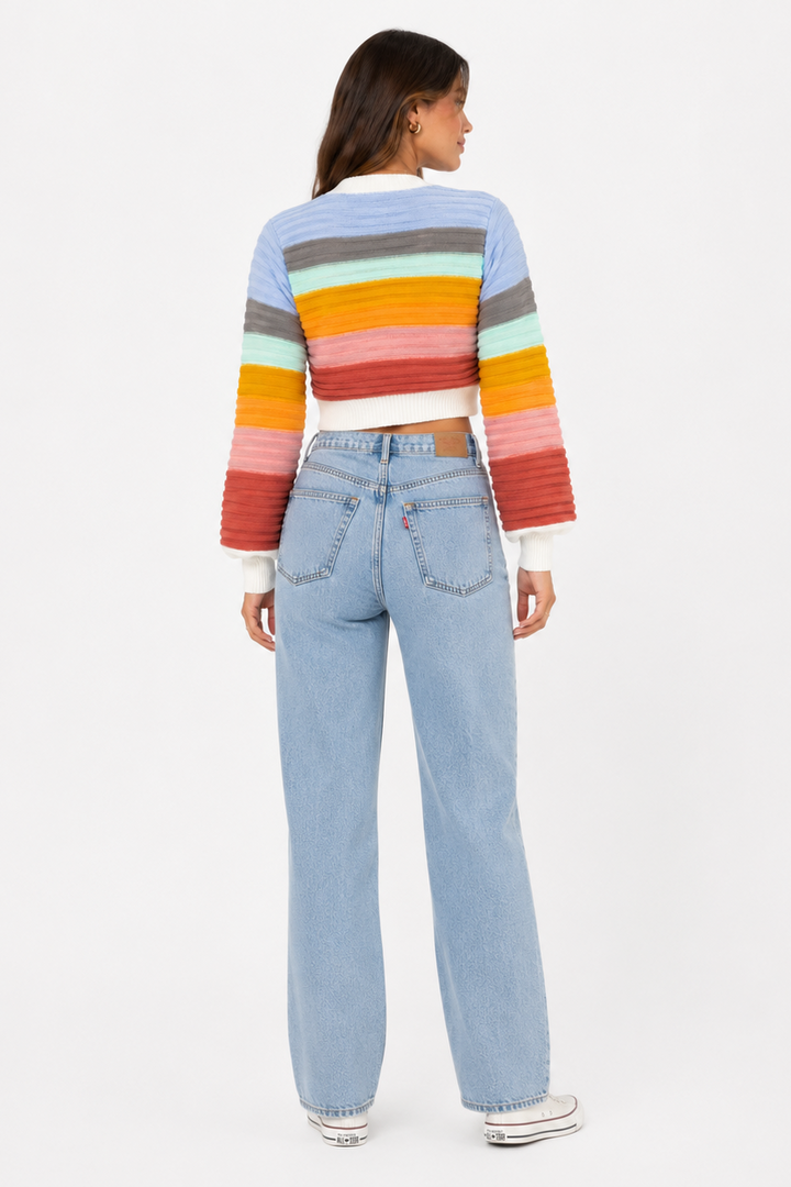 Women's Knit Cardigan with Rainbow Stripes & V-Neck | Button Up