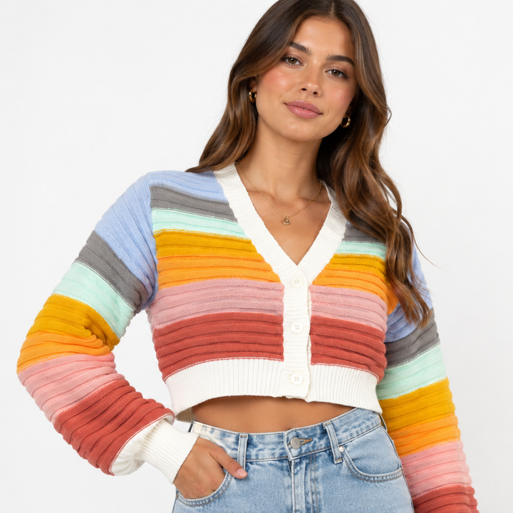 Women's Knit Cardigan with Rainbow Stripes & V-Neck | Button Up