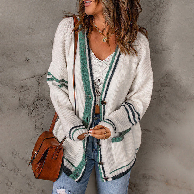 Women's Knit Cardigan with Striped Trim & Pockets | V-Neck