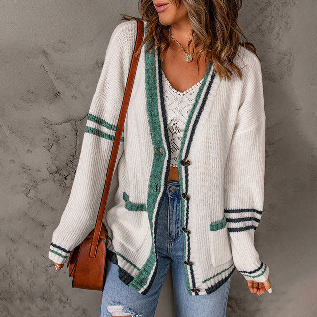 Women's Knit Cardigan with Striped Trim & Pockets | V-Neck