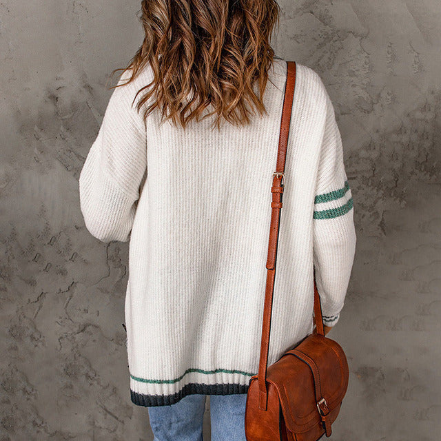Women's Knit Cardigan with Striped Trim & Pockets | V-Neck