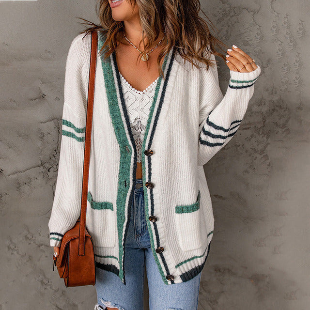Women's Knit Cardigan with Striped Trim & Pockets | V-Neck