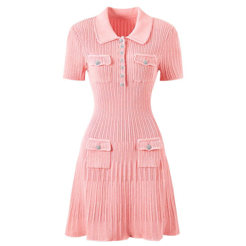Women's Knit Dress with Polo Collar & Pockets | Mini