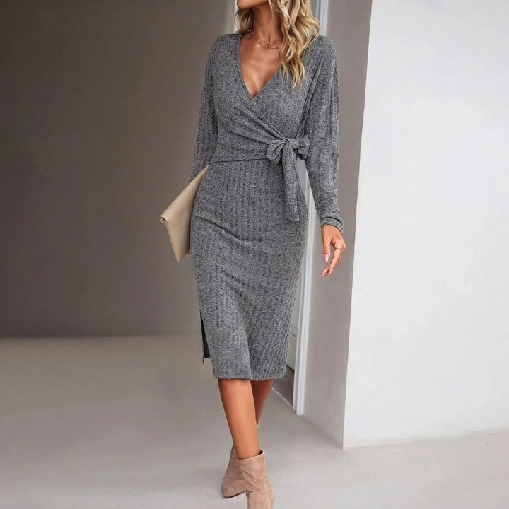 Women's Knit Dress Wrap Midi Long Sleeve | Ribbed