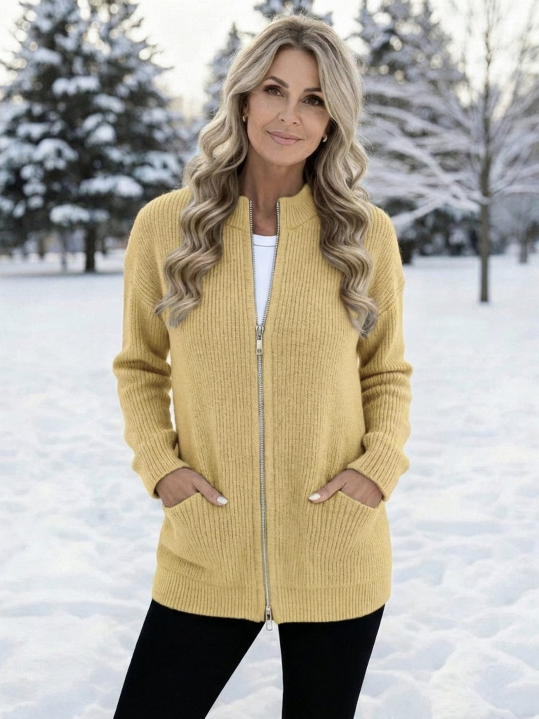 Women's Knit Snow Jacket with Zip Front & Pockets | Long