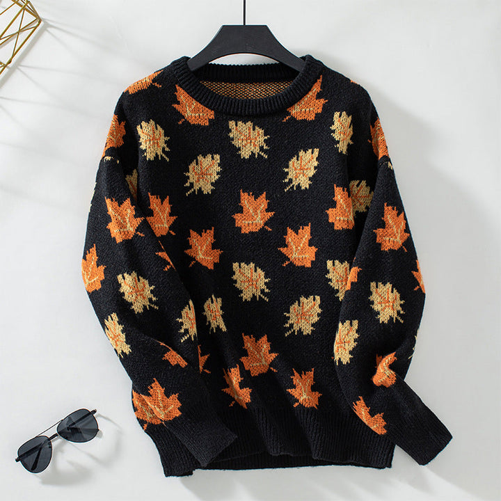 Women's Knit Sweater with Maple Leaf Print | Crew Neck