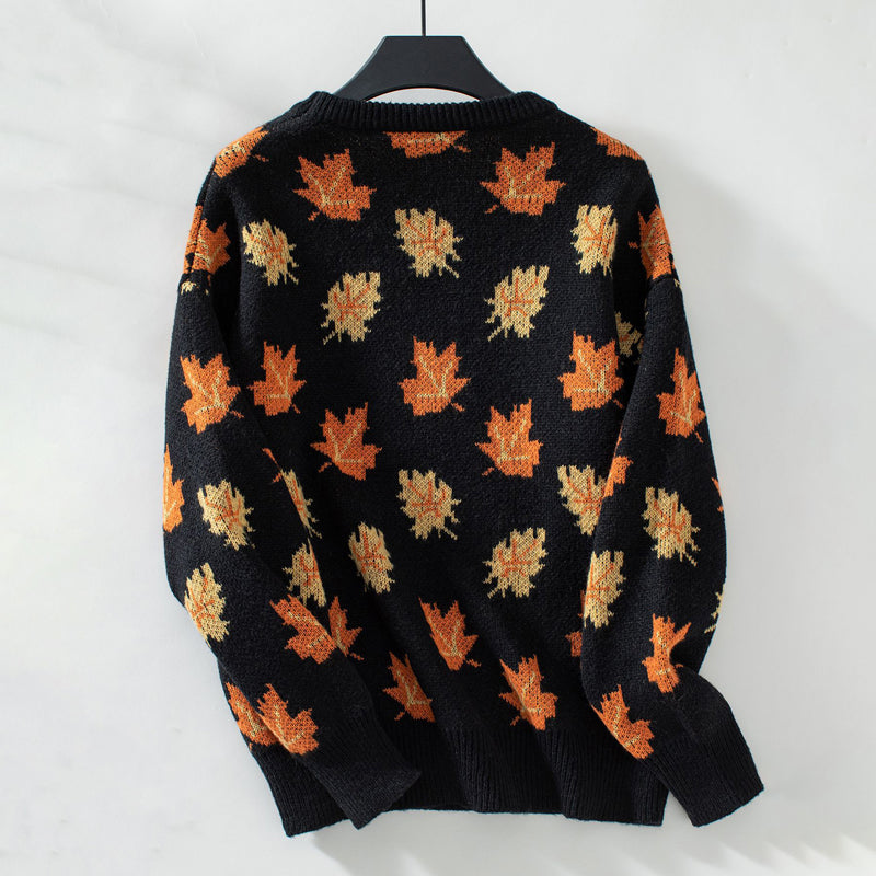 Women's Knit Sweater with Maple Leaf Print | Crew Neck