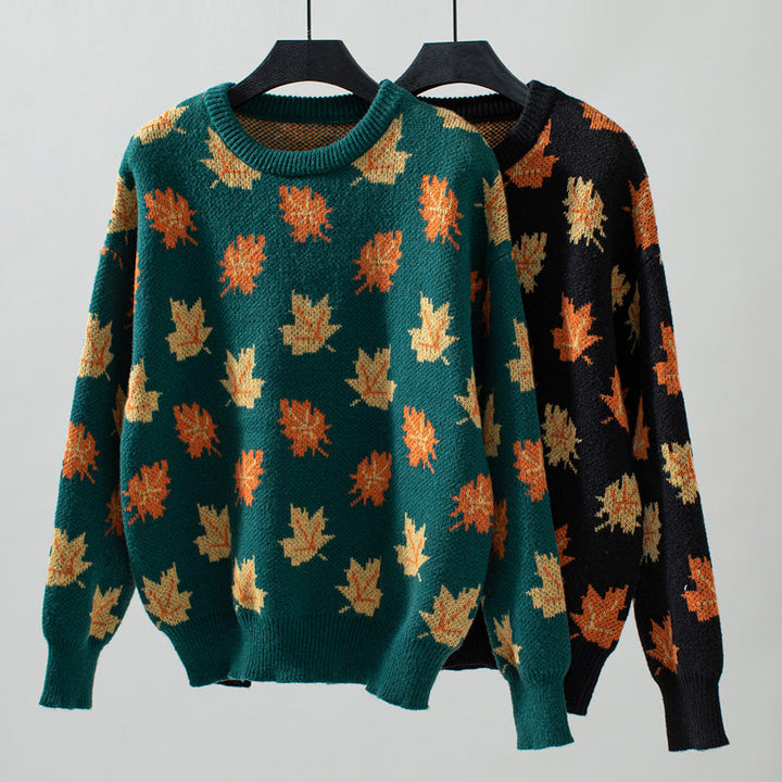 Women's Knit Sweater with Maple Leaf Print | Crew Neck
