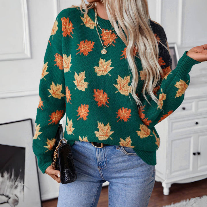 Women's Knit Sweater with Maple Leaf Print | Crew Neck