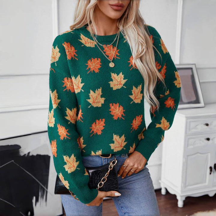 Women's Knit Sweater with Maple Leaf Print | Crew Neck