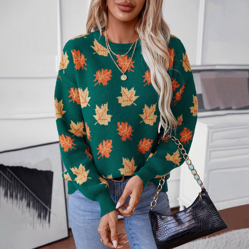 Women's Knit Sweater with Maple Leaf Print | Crew Neck