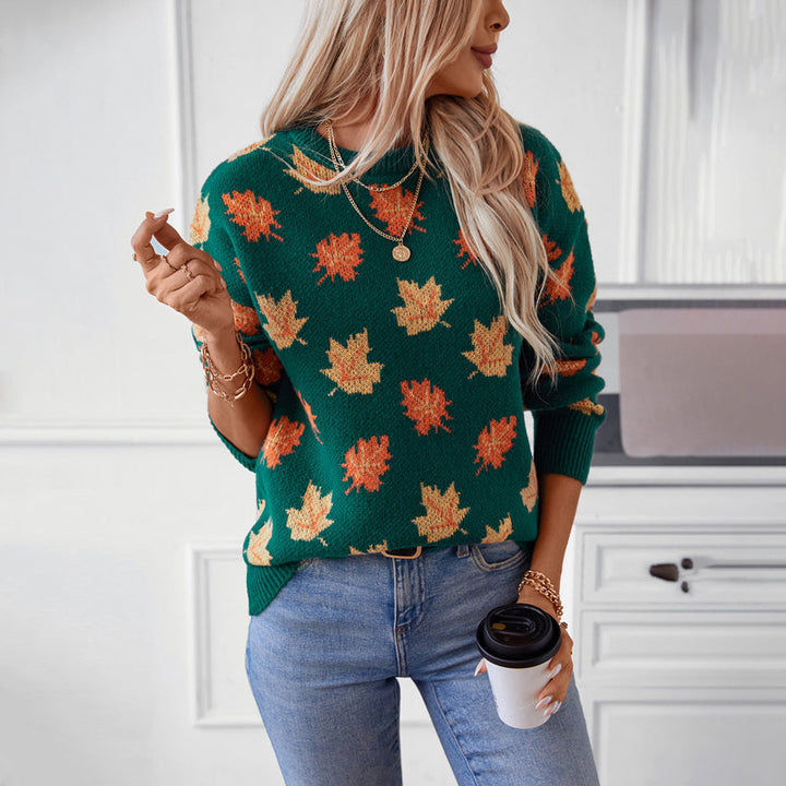 Women's Knit Sweater with Maple Leaf Print | Crew Neck