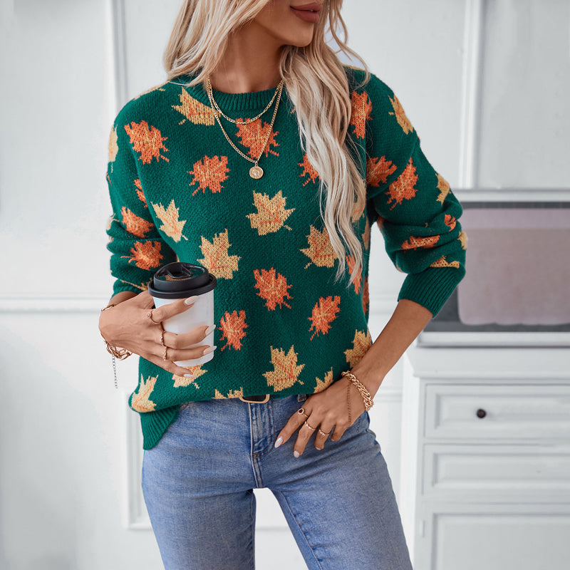 Women's Knit Sweater with Maple Leaf Print | Crew Neck