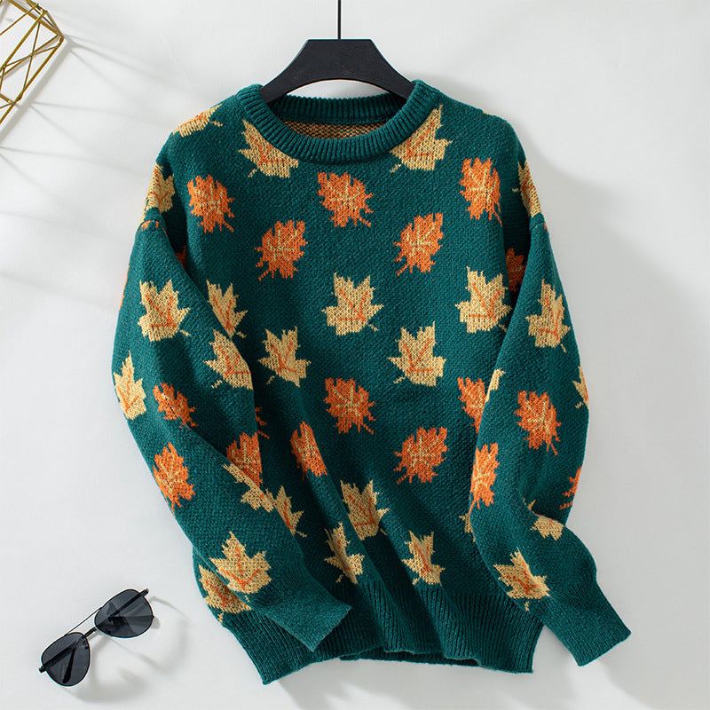 Women's Knit Sweater with Maple Leaf Print | Crew Neck