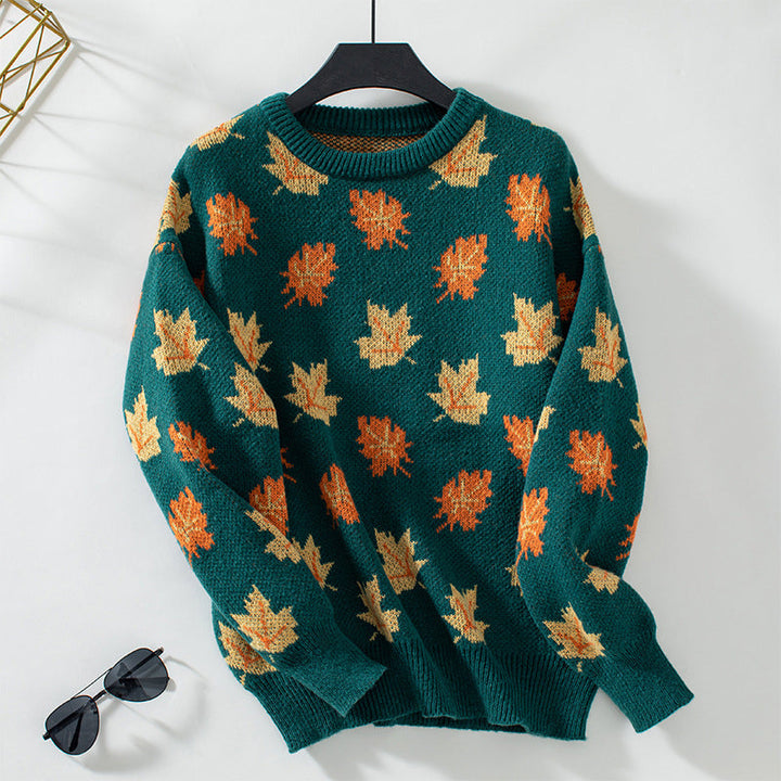 Women's Knit Sweater with Maple Leaf Print | Crew Neck