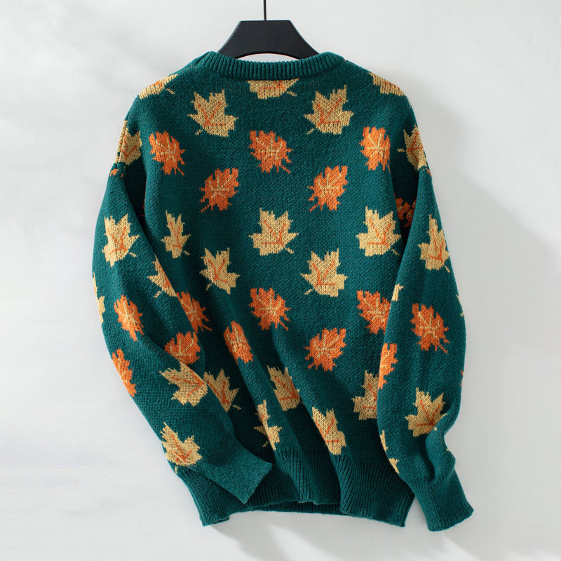 Women's Knit Sweater with Maple Leaf Print | Crew Neck