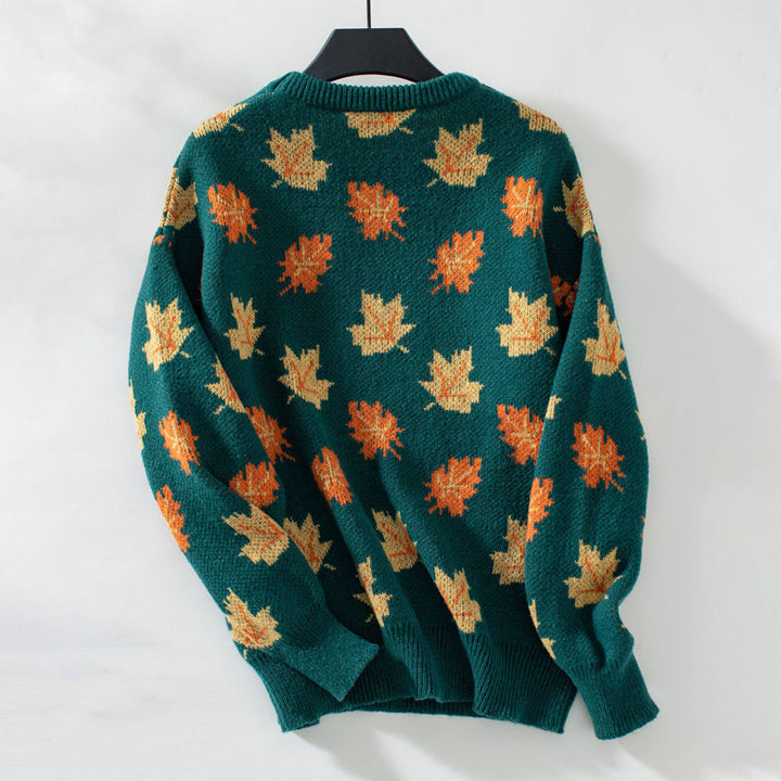 Women's Knit Sweater with Maple Leaf Print | Crew Neck