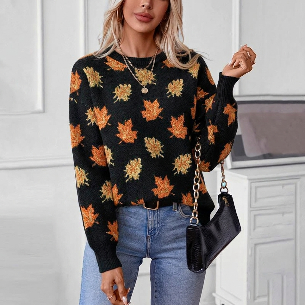 Women's Knit Sweater with Maple Leaf Print | Crew Neck