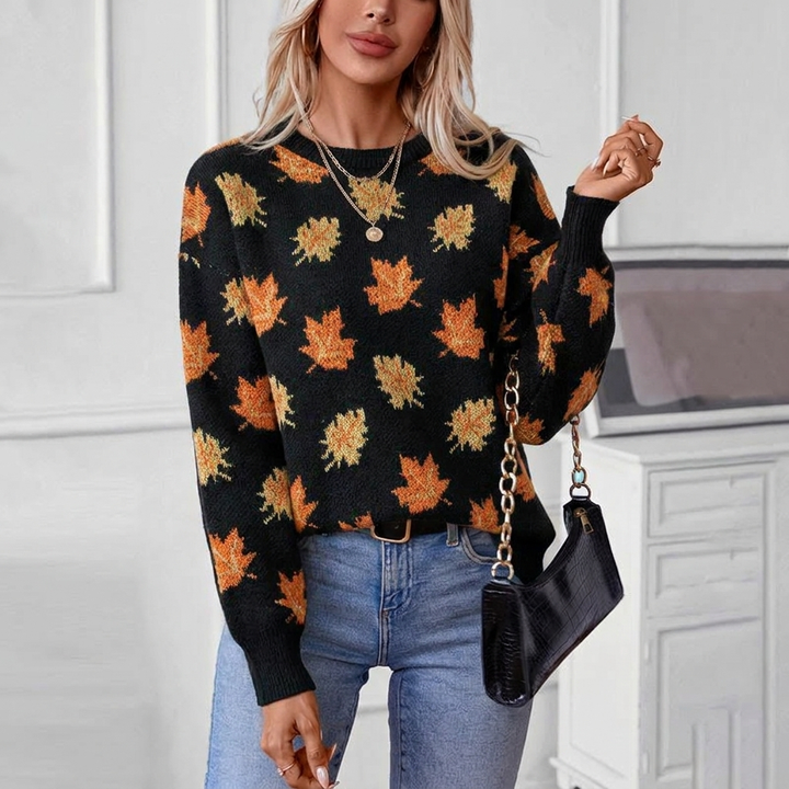 Women's Knit Sweater with Maple Leaf Print | Crew Neck