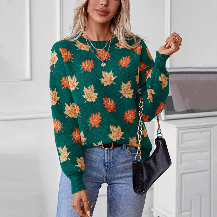 Women's Knit Sweater with Maple Leaf Print | Crew Neck