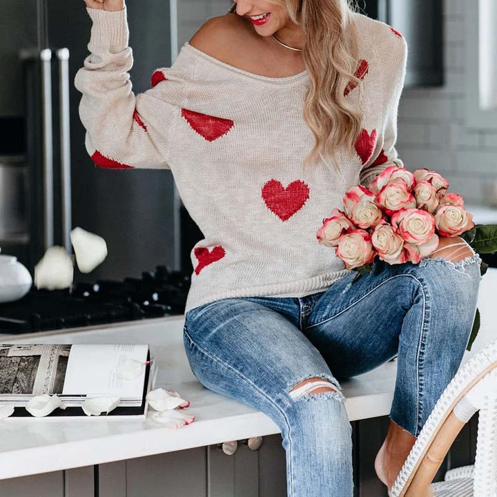 Women's Knit Sweater with Red Heart Print | V-Neck