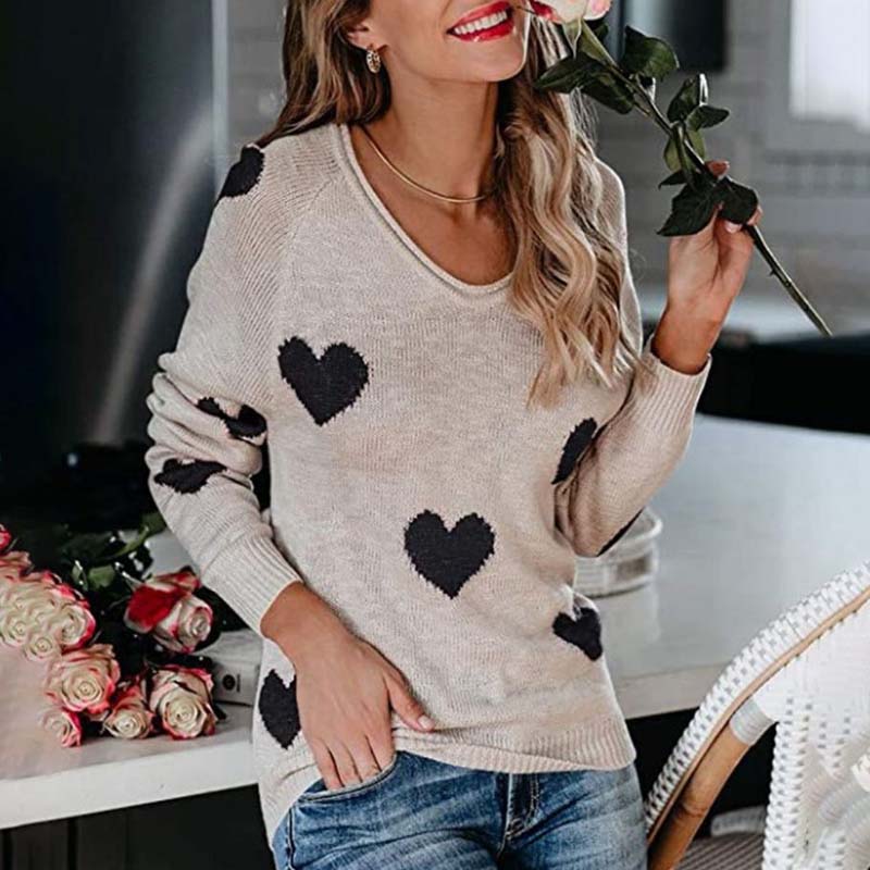 Women's Knit Sweater with Red Heart Print | V-Neck