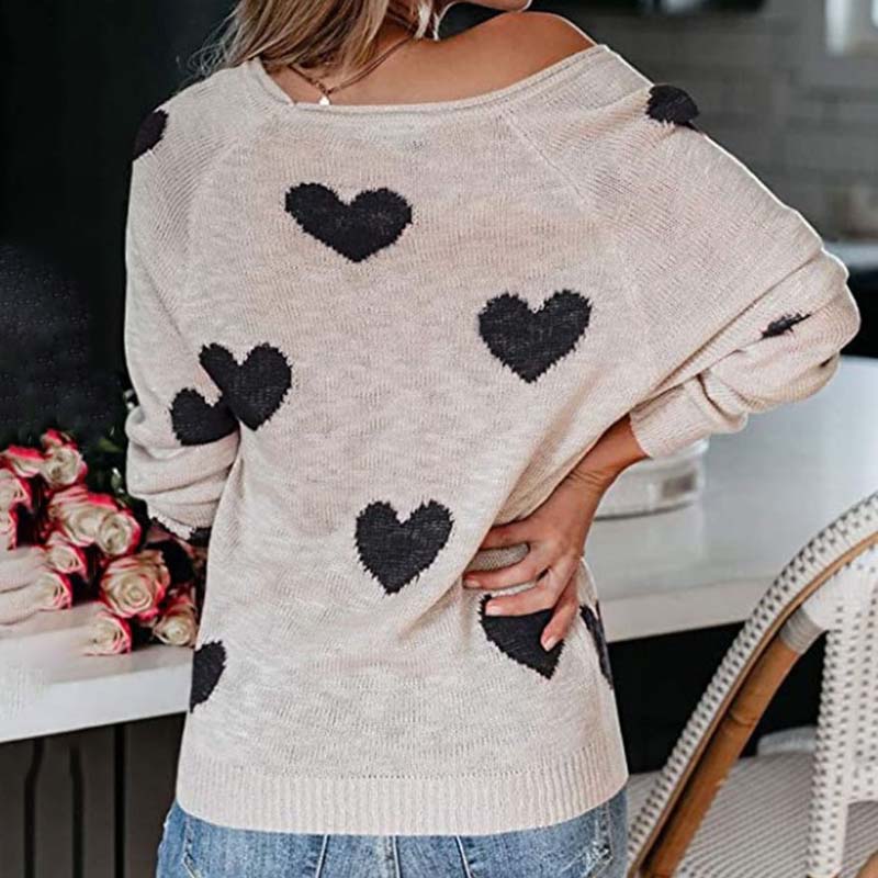 Women's Knit Sweater with Red Heart Print | V-Neck