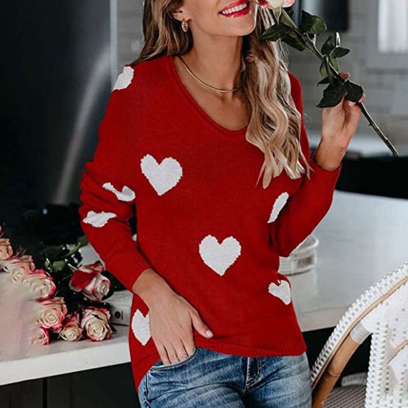 Women's Knit Sweater with Red Heart Print | V-Neck