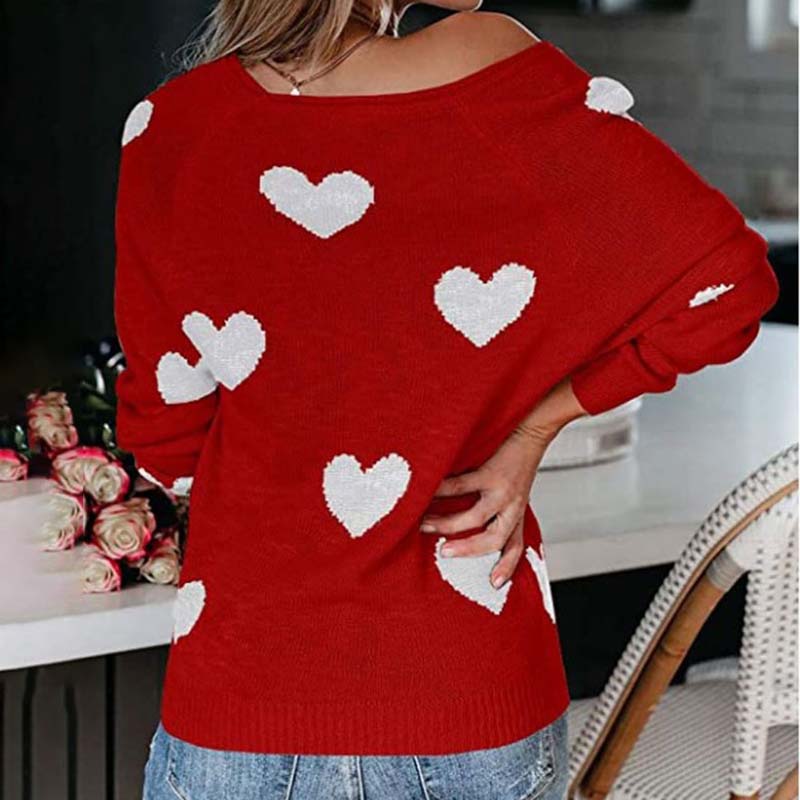 Women's Knit Sweater with Red Heart Print | V-Neck