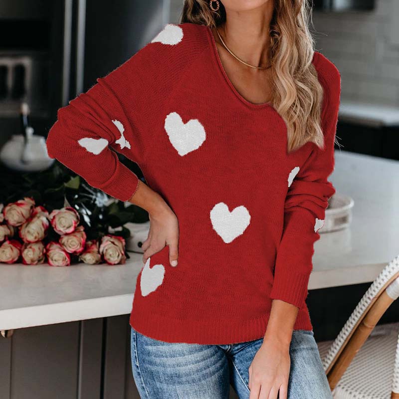 Women's Knit Sweater with Red Heart Print | V-Neck