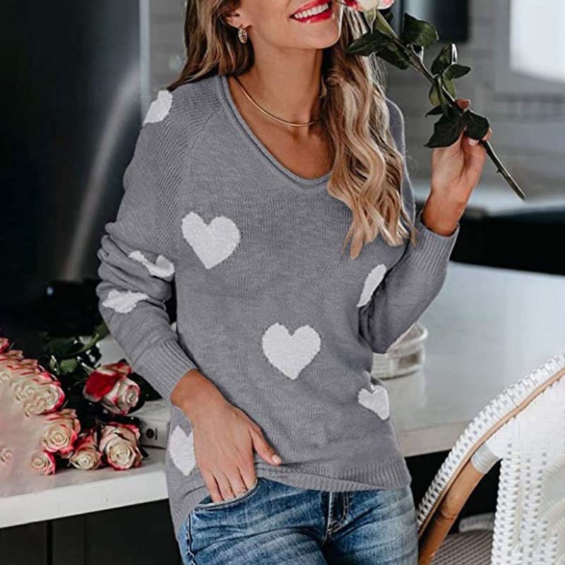 Women's Knit Sweater with Red Heart Print | V-Neck