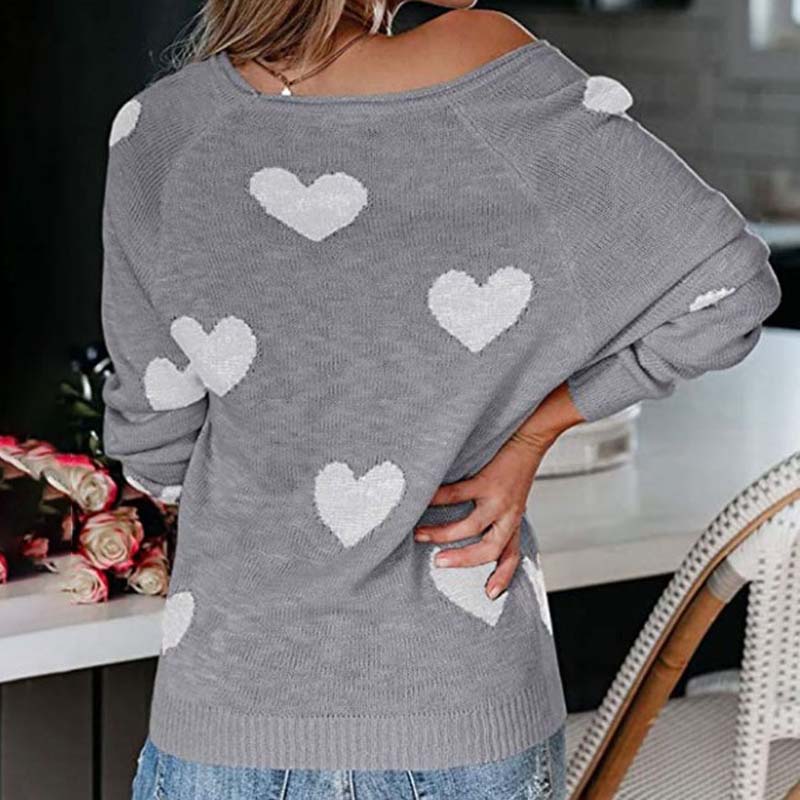 Women's Knit Sweater with Red Heart Print | V-Neck