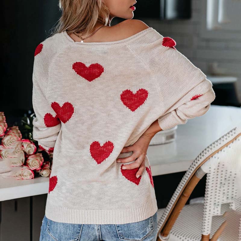 Women's Knit Sweater with Red Heart Print | V-Neck