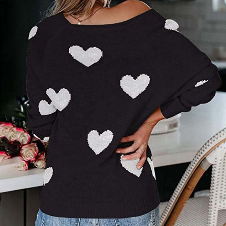 Women's Knit Sweater with Red Heart Print | V-Neck